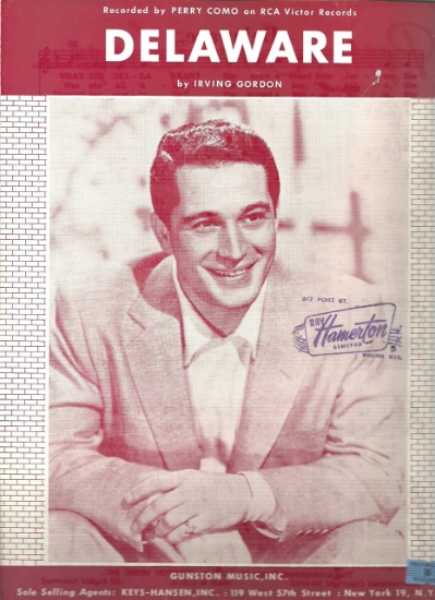 Picture of Delaware, Irving Gordon, recorded by Perry Como, sheet music