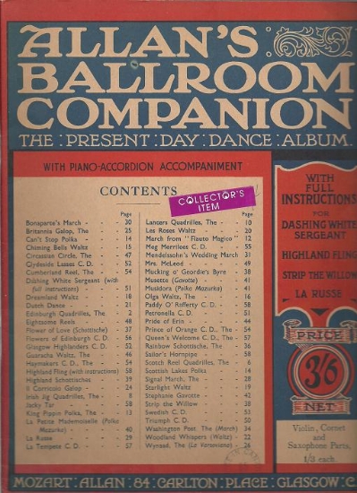 Picture of Allan's Ballroom Companion, Quadrilles, Lancers, Waltzes, Polkas, Country Dances, Reels, accordion/ piano/ fiddle, sheet music folio, parlor music