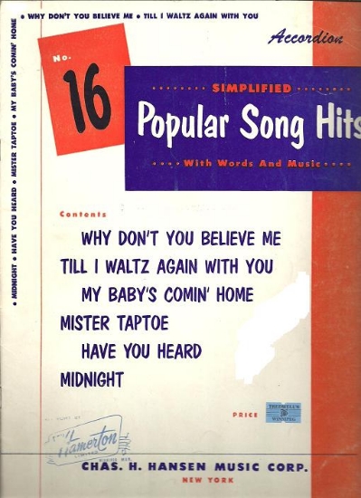 Picture of 16 Popular Song Hits, easy accordion solos, sheet music folio