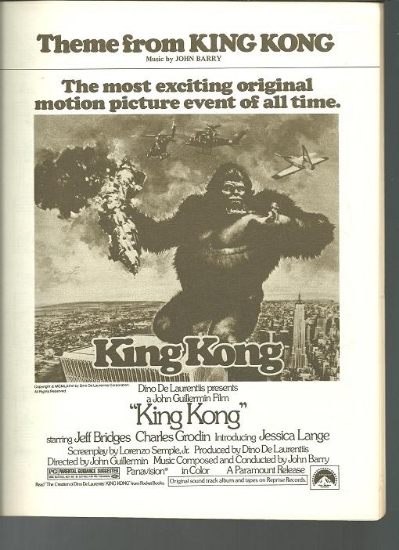 Picture of King Kong, movie title theme, John Barry, piano solo sheet music