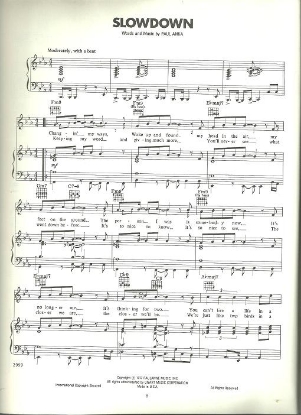 Picture of Slowdown, written & recorded by Paul Anka, sheet music