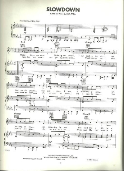 Picture of Slowdown, written & recorded by Paul Anka, sheet music