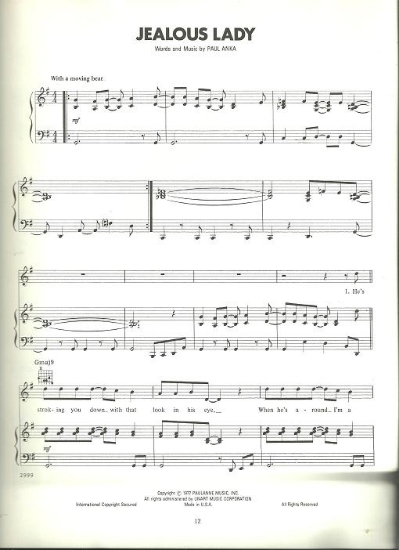 Picture of Jealous Lady, written & recorded by Paul Anka, sheet music
