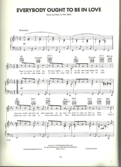Picture of Everybody Ought to be in Love, written & recorded by Paul Anka, sheet music