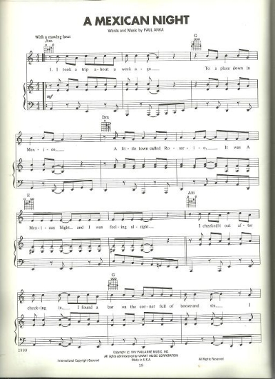 Picture of A Mexican Night, written & recorded by Paul Anka, sheet music