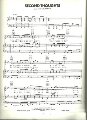Picture of Second Thoughts, written & recorded by Paul Anka, sheet music