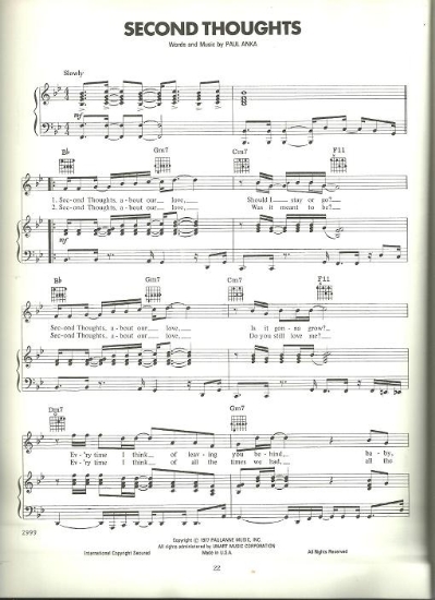 Picture of Second Thoughts, written & recorded by Paul Anka, sheet music