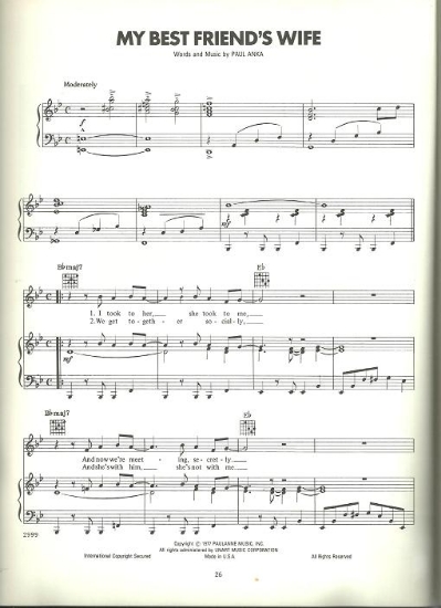 Picture of My Best Friend's Wife, written & recorded by Paul Anka, sheet music