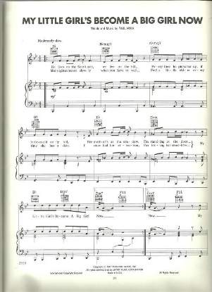 Picture of My Little Girl's Become a Big Girl Now, written & recorded by Paul Anka, sheet music