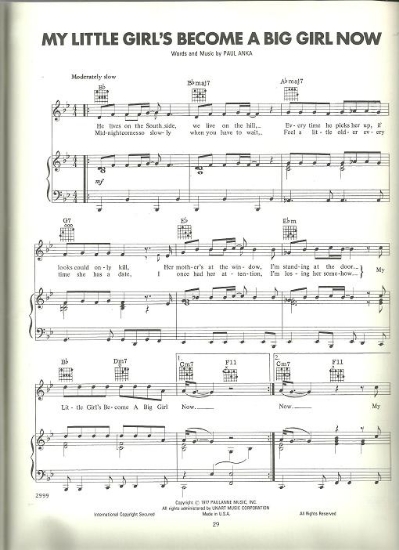 Picture of My Little Girl's Become a Big Girl Now, written & recorded by Paul Anka, sheet music