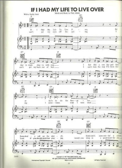Picture of If I Had My Life to Live Over, written & recorded by Paul Anka, sheet music
