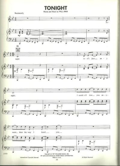 Picture of Tonight, written & recorded by Paul Anka, sheet music