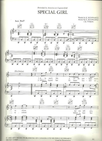Picture of Special Girl, E. Schwartz & D. Tyson, recorded by America, sheet music