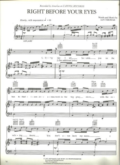 Picture of Right Before Your Eyes, Ian Thomas, recorded by America, sheet music