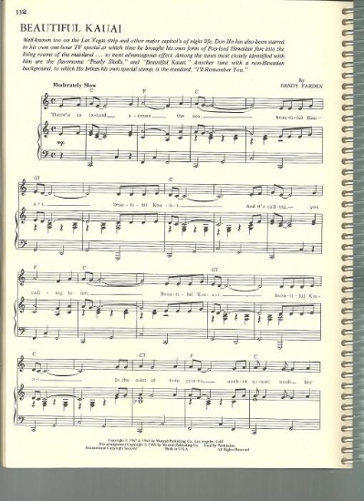 Picture of Beautiful Kauai, Randy Farden, sung by Don Ho, sheet music