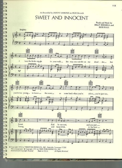 Picture of Sweet and Innocent, Billy Sherrill & Rich Hall, recorded by Donny Osmond; also Roy Orbison, pdf copy 