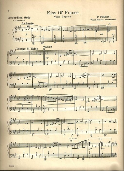 Picture of Kiss of France, Pietro Frosini, accordion solo sheet music, out of print