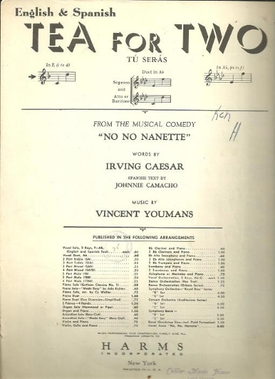 Picture of Tea for Two, Tu seras, Irving Caesar & Vincent Youmans, from "No No Nanette", low voice sheet music