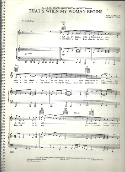 Picture of That's When My Woman Begins, Jerry Gillespie, sung by Tommy Overstreet, sheet music
