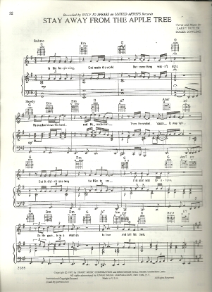Picture of Stay Away from the Apple Tree, Larry Butler & Roger Bowling, sung by Billy Jo Spears, sheet music