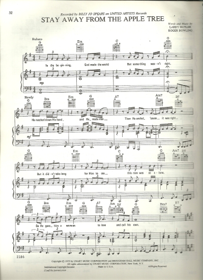 Picture of Stay Away from the Apple Tree, Larry Butler & Roger Bowling, sung by Billy Jo Spears, sheet music