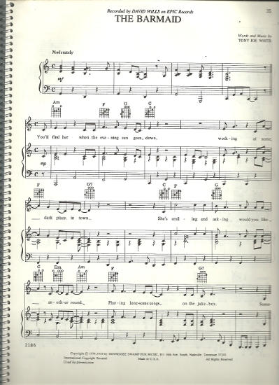 Picture of The Barmaid, Tony Joe White, sung by David Wills, sheet music