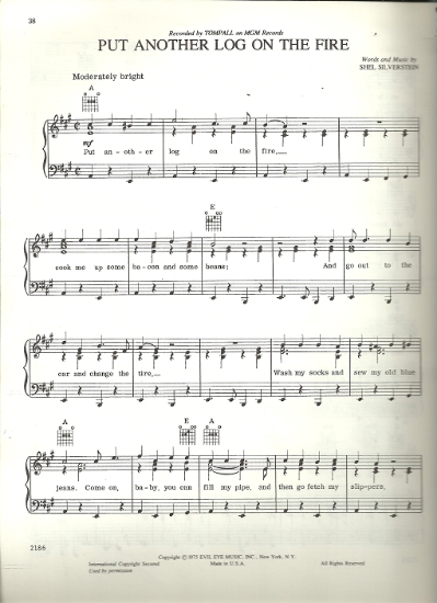 Picture of Put Another Log on the Fire, Shel Silverstein, sung by Tompall, sheet music