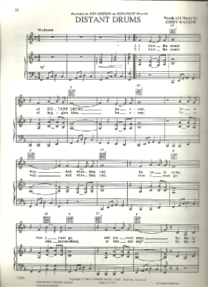 Picture of Distant Drums, Cindy Walker, recorded by Roy Orbison, sheet music