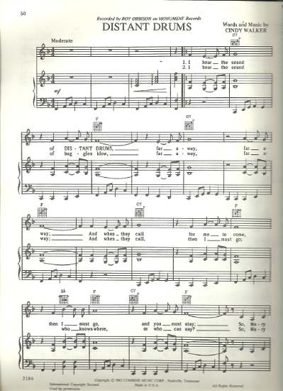 Picture of Distant Drums, Cindy Walker, recorded by Roy Orbison, sheet music