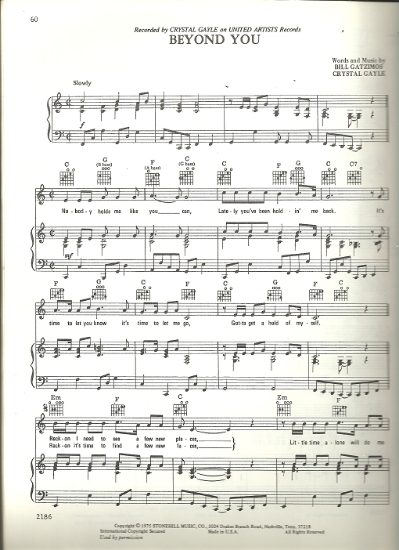 Picture of Beyond You, Bill Gatzimos & Crystal Gayle, recorded by Crystal Gayle, sheet music