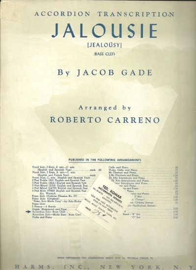 Picture of Jalousie (Jaealousy), Tango Tzigane, Jacob Gade, transcribed by Roberto Carreno, accordion solo sheet music