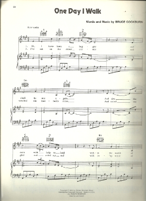 Picture of One Day I Walk, Bruce Cockburn, sung by Anne Murray, sheet music