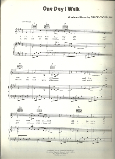 Picture of One Day I Walk, Bruce Cockburn, sung by Anne Murray, sheet music
