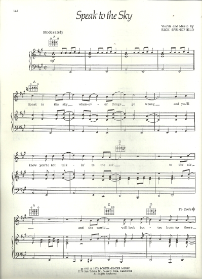 Picture of Speak to the Sky, Rick Springfield, sheet music