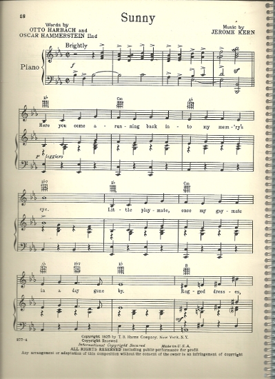 Picture of Sunny, musical title song,  Otto Harbach/Oscar Hammerstein 2nd/Jerome Kern