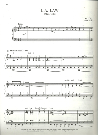 Picture of L. A. Law (Main Title Theme), Mike Post, piano solo, sheet music