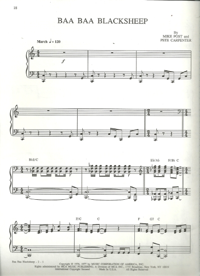 Picture of Baa Baa Black Sheep, TV show theme, Mike Post, piano solo, sheet music