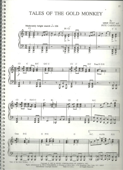 Picture of Tales of the Gold Monkey, theme from TV pilot of same name, Mike Post, piano solo, sheet music
