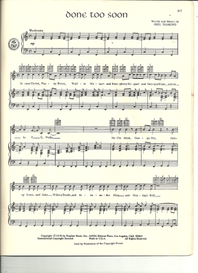 Picture of Done Too Soon, Neil Diamond, sheet music