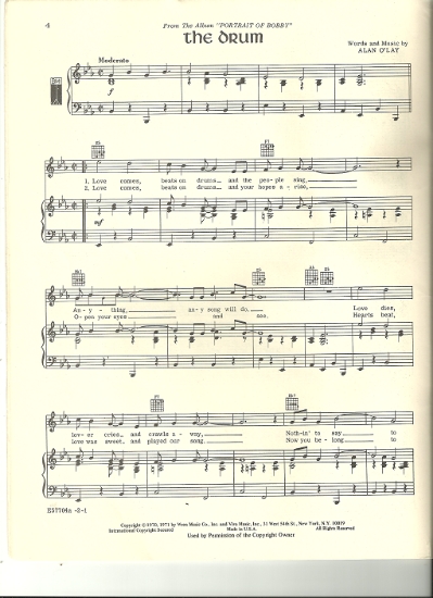 Picture of The Drum, Alan O'Lay, sung by Bobby Sherman, sheet music, pdf copy 