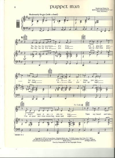 Picture of Puppet Man, Howard Greenfield & Neil Sedaka, sung by Tom Jones, sheet music