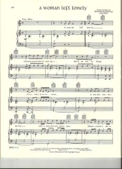 Picture of A Woman Left Lonely, Spooner Oldham & Dan Penn, sung by Janis Joplin, sheet music