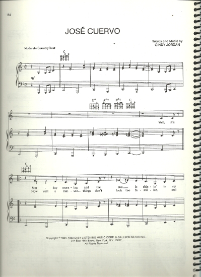 Picture of Jose Cuervo, Cindy Jordan, sung by Shelly West, sheet music