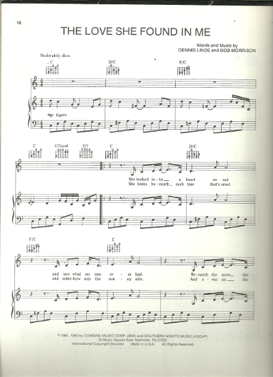Picture of The Love She Found in Me, Dennis Linde & Bob Morrison, sung by Gary Moris, sheet music