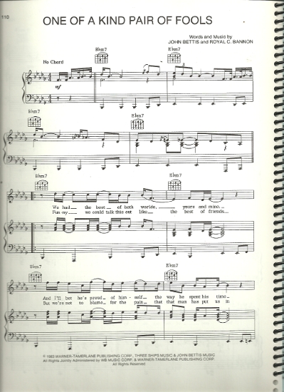 Picture of One of a Kind Pair of Fools, John Bettis & Royal C. Bannon, sung by Barbara Mandrell, pdf copy 