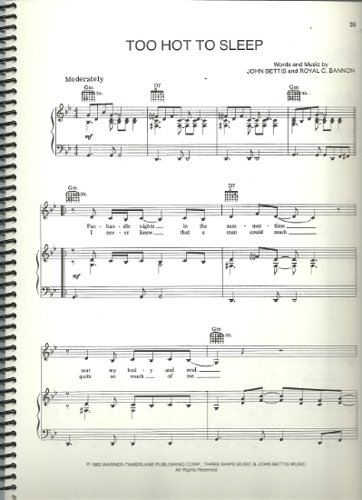 Picture of Too Hot to Sleep, John Bettis & Royal C. Bannon, sung by Louise Mandrell, pdf copy 