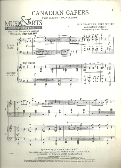 Picture of Canadian Capers, Gus Chandler, Bert White & Henry Cohen, arr. for piano duo by J. Louis Merkur, sheet music