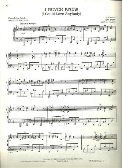Picture of I Never Knew (I Could Love Anybody), Tom Pitts/ Ray Egan/ Roy K. Marsh, transcribed by Mary Lou Williams, piano solo sheet music