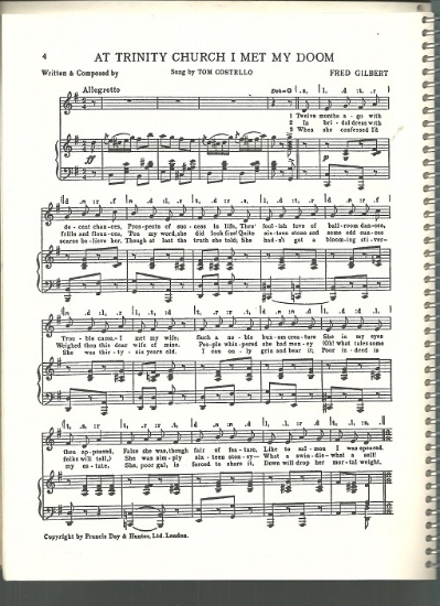 Picture of At Trinity Church I Met My Doom, Fred Gilbert, sung by Tom Costello, British Music Hall, sheet music