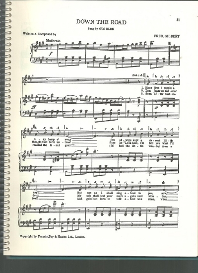 Picture of Down the Road, Fred Gilbert, sung by Gus Elen, British Music Hall, sheet music